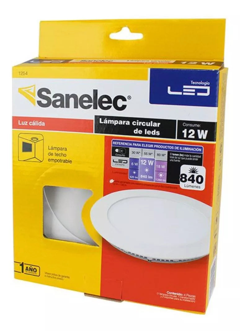 Panel Circular Led Empotrar Luz Calida Sanelec 12w Luminario
