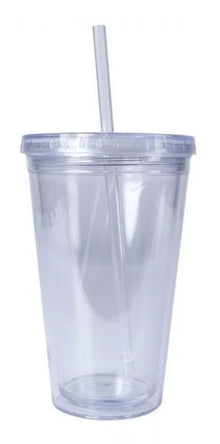 Vaso Doble Pared Transparente Tapa Popote Plastico 500ml