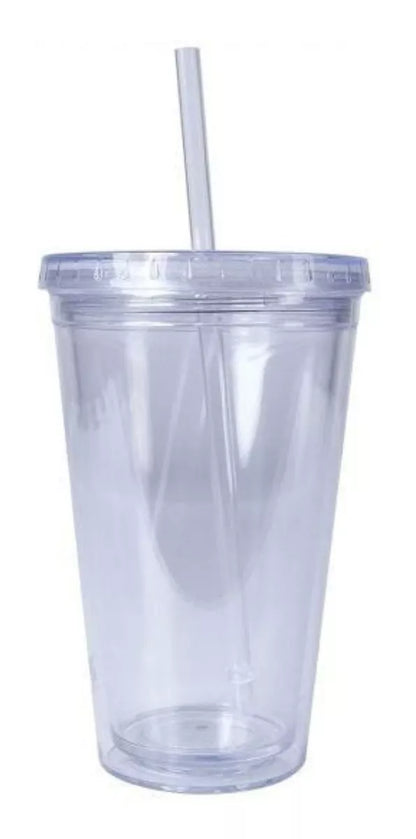 Vaso Doble Pared Transparente Tapa Popote Plastico 500ml