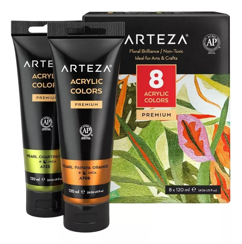 Set De 8 Pinturas Acrilicas Metalicas Brillo Floral Arteza