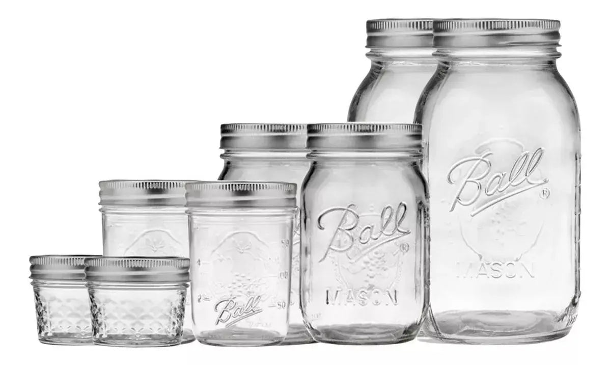 Set 8pz Mason Jars Ball Boca Regular 4 Tamaños - Coveme - empaque