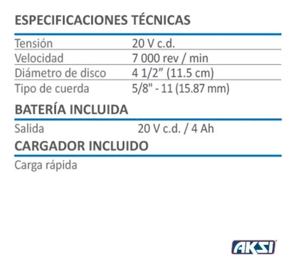 Esmeriladora Angular Inalambrica Aksi 4 1/2 20v 196031 - Marchante MX