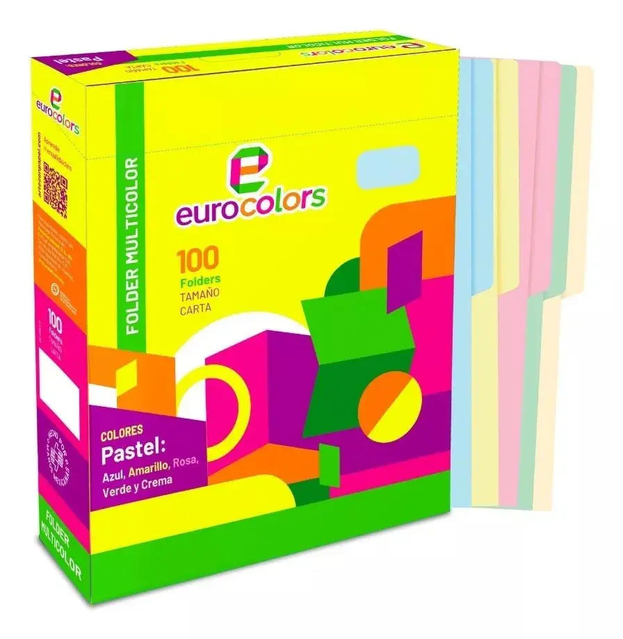 100 Folder Carta Multicolor Eurocolors Arcoiris Pastel - Marchante MX