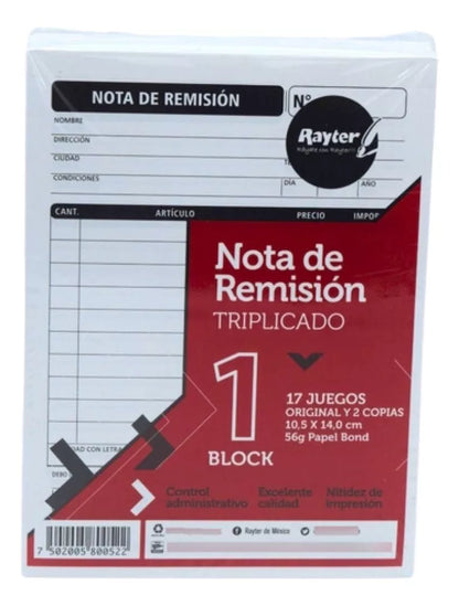 6 Block Nota Remisión Rayter Triplicado 1/4 /17 Juegos C/u