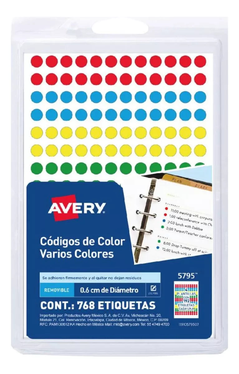 768 Etiquetas Redonda Multicolor Avery Permanente 0.6 Cm