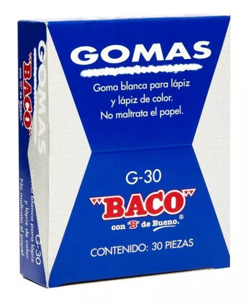30 Gomas Blancas Plastica Baco Borrador Escolar Lápiz G30