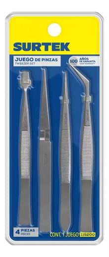 4 Piezas Pinzas Precision Surtek Tipo Tweezer Acero