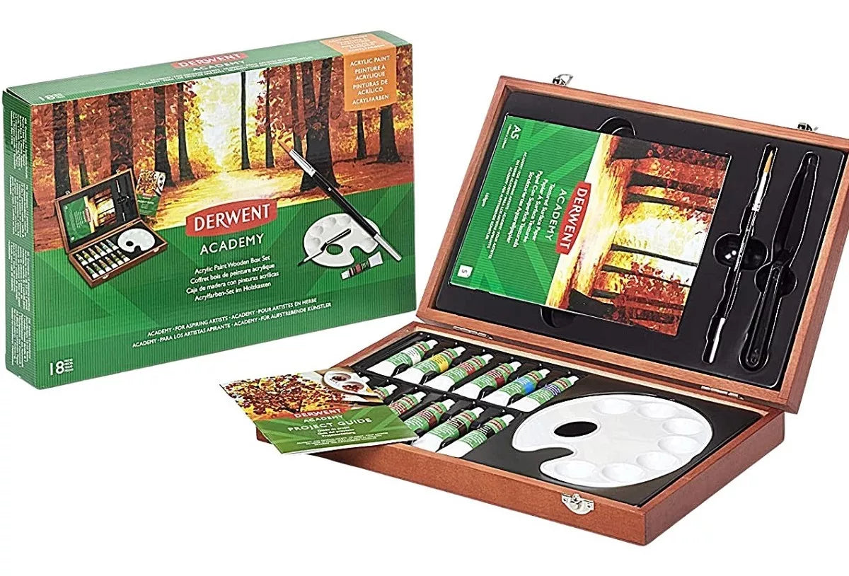 Set Regalo Madera Pintura Acrilica Tubo Derwent Academy 18 Piezas