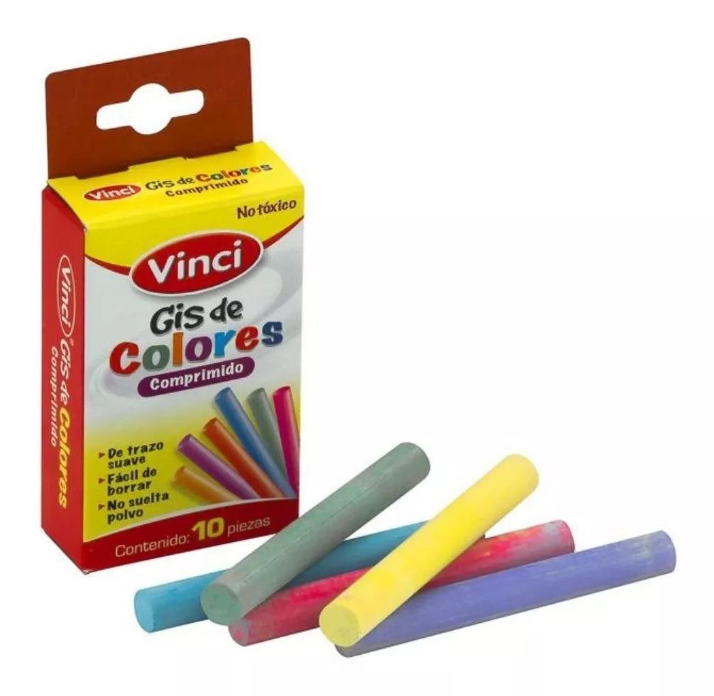 10 Gises Colores Vinci Trazo Suave Gis Escolar No Tóxico