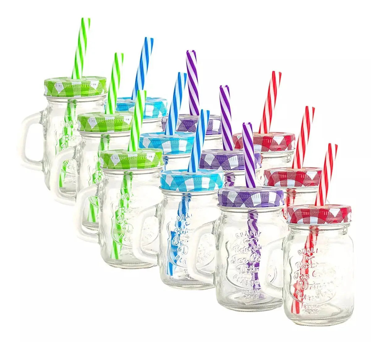 12pz Frasco Mason Jar Grabado 480ml Tapa Popote Vidrio Color - URREA - detalle