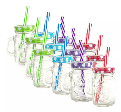 12pz Frasco Mason Jar Grabado 480ml Tapa Popote Vidrio Color - URREA - detalle