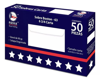 50 Sobres Correspondencia Nassa Blanco Carta 9.2 X 16.4cms