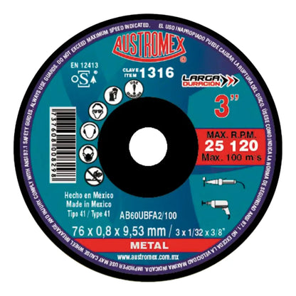 25pz Disco Abrasivo 76x0.8x9.53 Mm Clave 1316 Austromex Negro