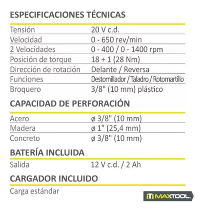 Rotomartillo Inalámbrico 1/2 Maxtool 20v 400-1400 Rpm Negro
