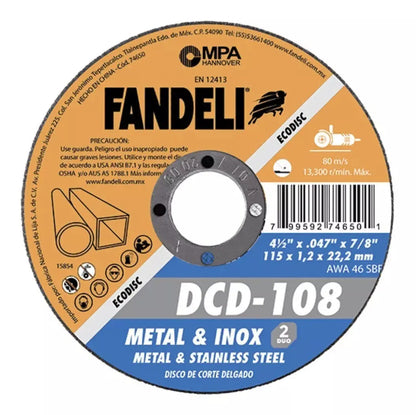 50 pzs Disco Corte Delg INOX ECO 4½" Fandeli 115mm x 1.2mm x 22.2mm - Fandeli - vista lateral