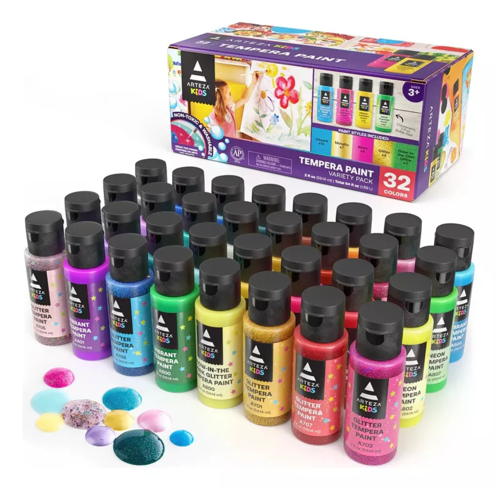 Set 32 Pinturas 260ml Colores Premium Arteza Tempera Niños