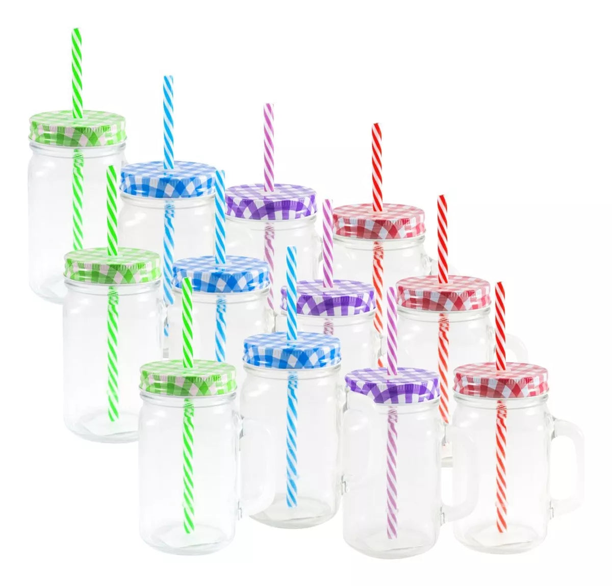 12pz Frasco Mason Jar Liso 480ml Tapa Popote Vidrio Colores