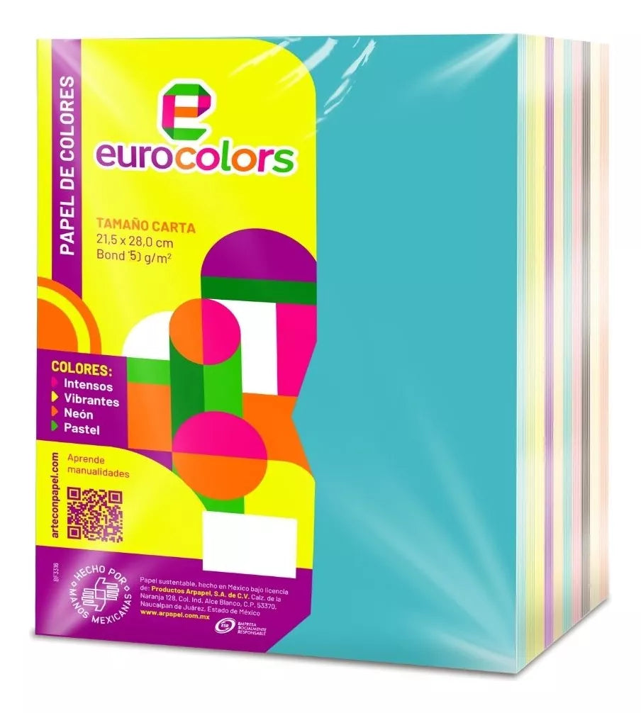 1000 Hojas Colores Eurocolors Tamaño Carta Pastel Arcoiris