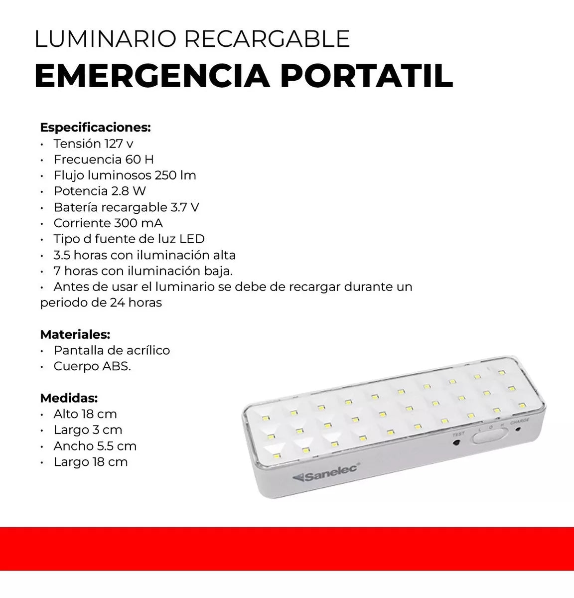Lámpara Recargable De Emergencia Sanelec 30 Leds 2163