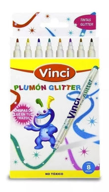 Marcador Plumón Vinci Glitter 100% Lavable No Tóxico Set 8 Piezas