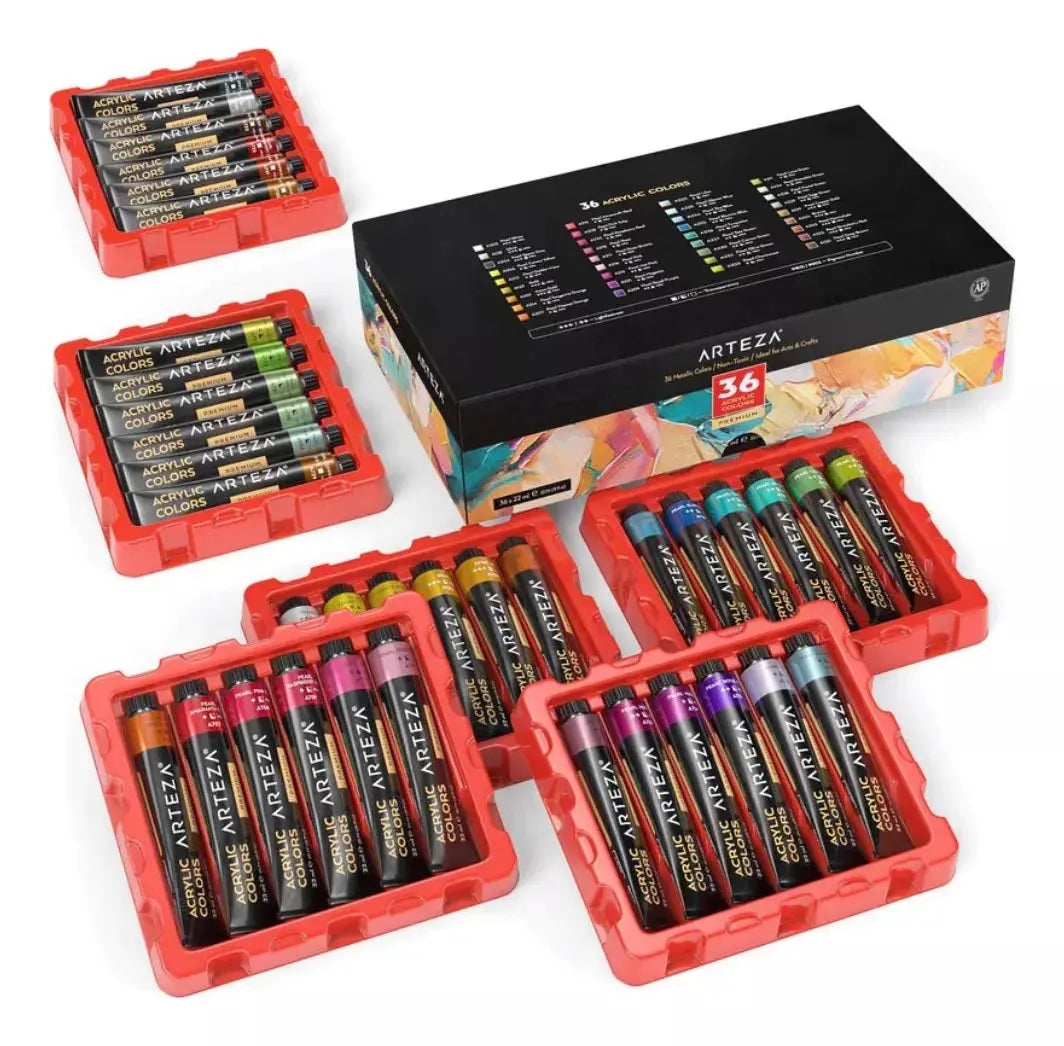 36 Tubos 22 Ml Pintura Acrilica Arteza Colores Metalicos - Arteza