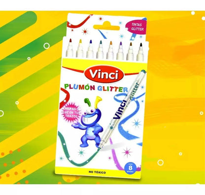Marcador Plumón Vinci Glitter 100% Lavable No Tóxico Set 8 Piezas - Marchante MX