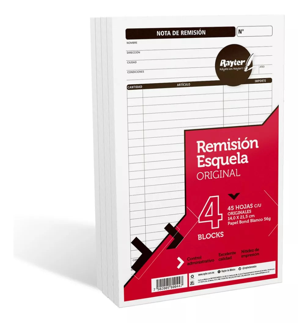 Notas Remisión Original Rayter Esquela 4 Blocks 45 Hojas C/u