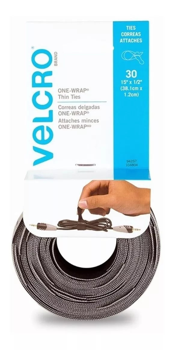 Tiras Organizadoras de Cables Velcro Gris – Paquete de 30 Cintas