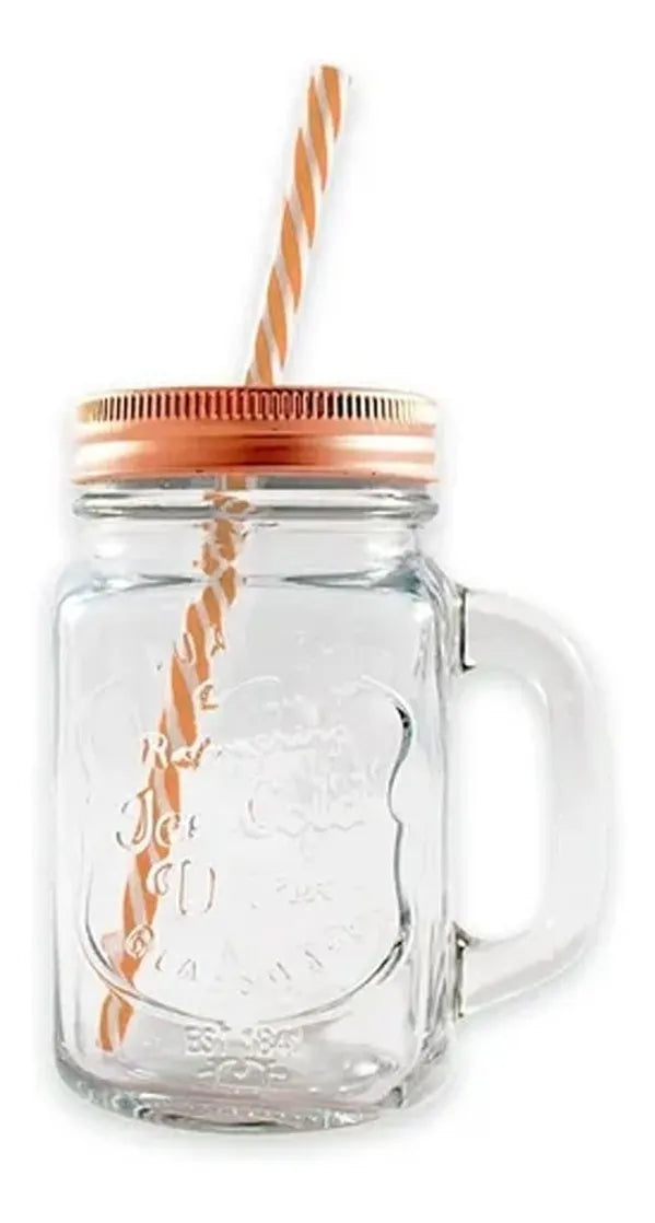 6 Tarros Mason Jar Ice Cold Drink Tapa Cobre Popote