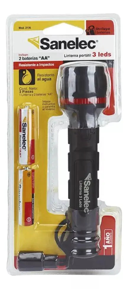 Linterna Sanelec Negro Incluye Pilas Aa 3 Leds Resiste Agua - Sanelec