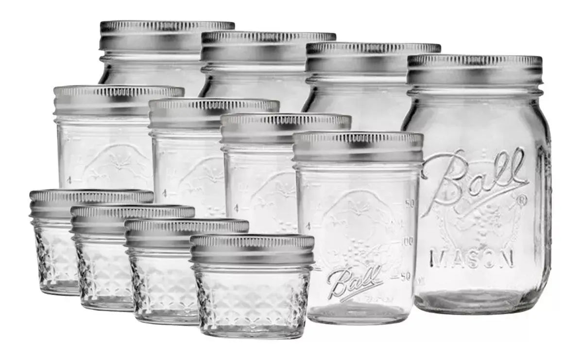 Set 12pz Mason Jar Ball Boca Regular 4oz, 8oz Y 16oz - Coveme - vista lateral