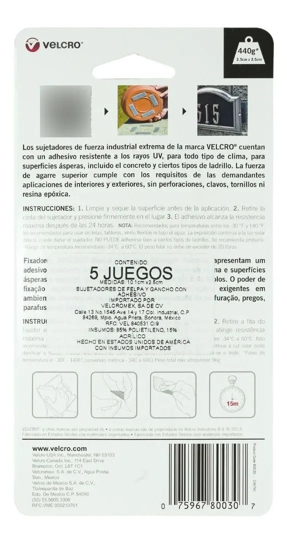 5 piezas Cinta Adherible Velcro® Alta Resistencia, color Gris