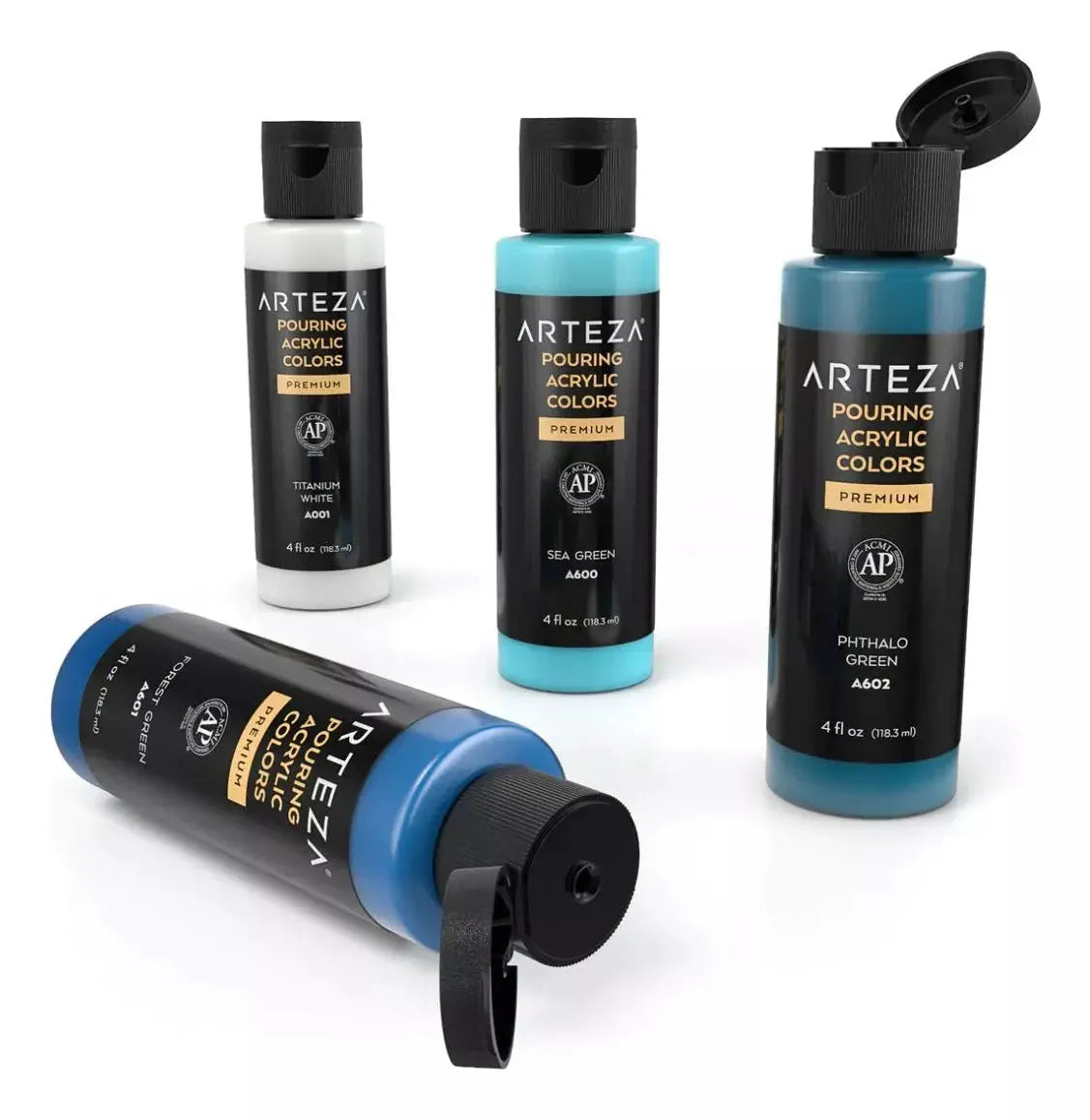 ARTEZA Acrylic Pouring Paint, Set of 4 Colors, 118.3 ml, 4 oz. Bottles, Aqua Tones, High-Flow Acrylic Paint, No Mixing Needed, Art Supplies for Pouring on Canvas, Glass, Paper, Wood, Tile, and Stones - Arteza - empaque