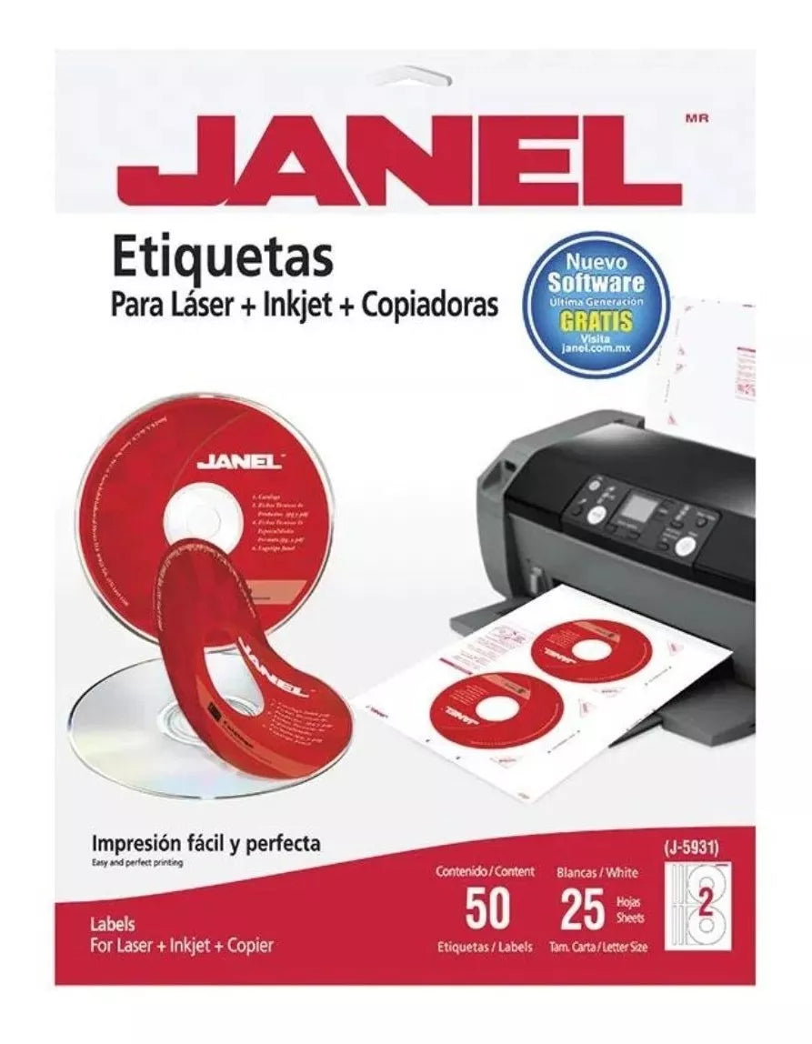 50 Etiquetas Laser J-5931 Cd/dvd Janel Adherible Impresion
