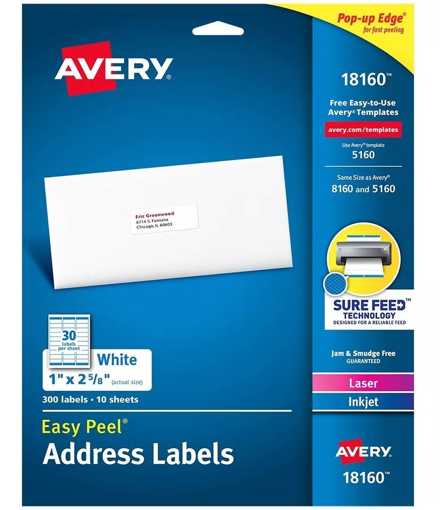 300 Etiquetas Blanca Avery Adhesivas Sobre 2.54 X 6.66 Cm