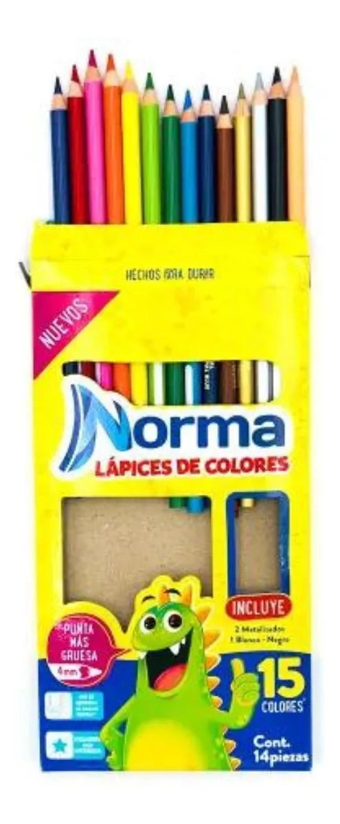 Caja 15 Lapices Colores Norma 12+3 Punta Gruesa Escolares