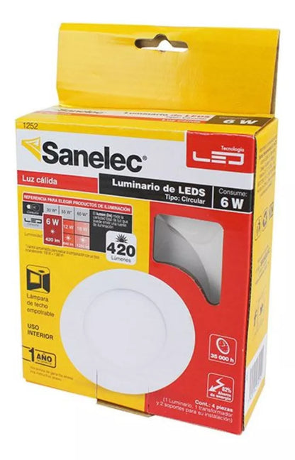 6 Piezas Panel Circular Led Empotrar Luz Calida Sanelec 6w - Marchante MX