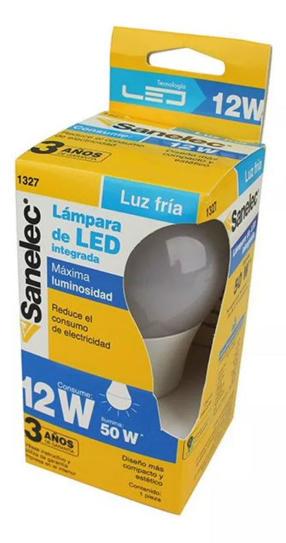6 Pzs Foco Led Tipo A19 12w Sanelec Luz Blanca Fria 6500k