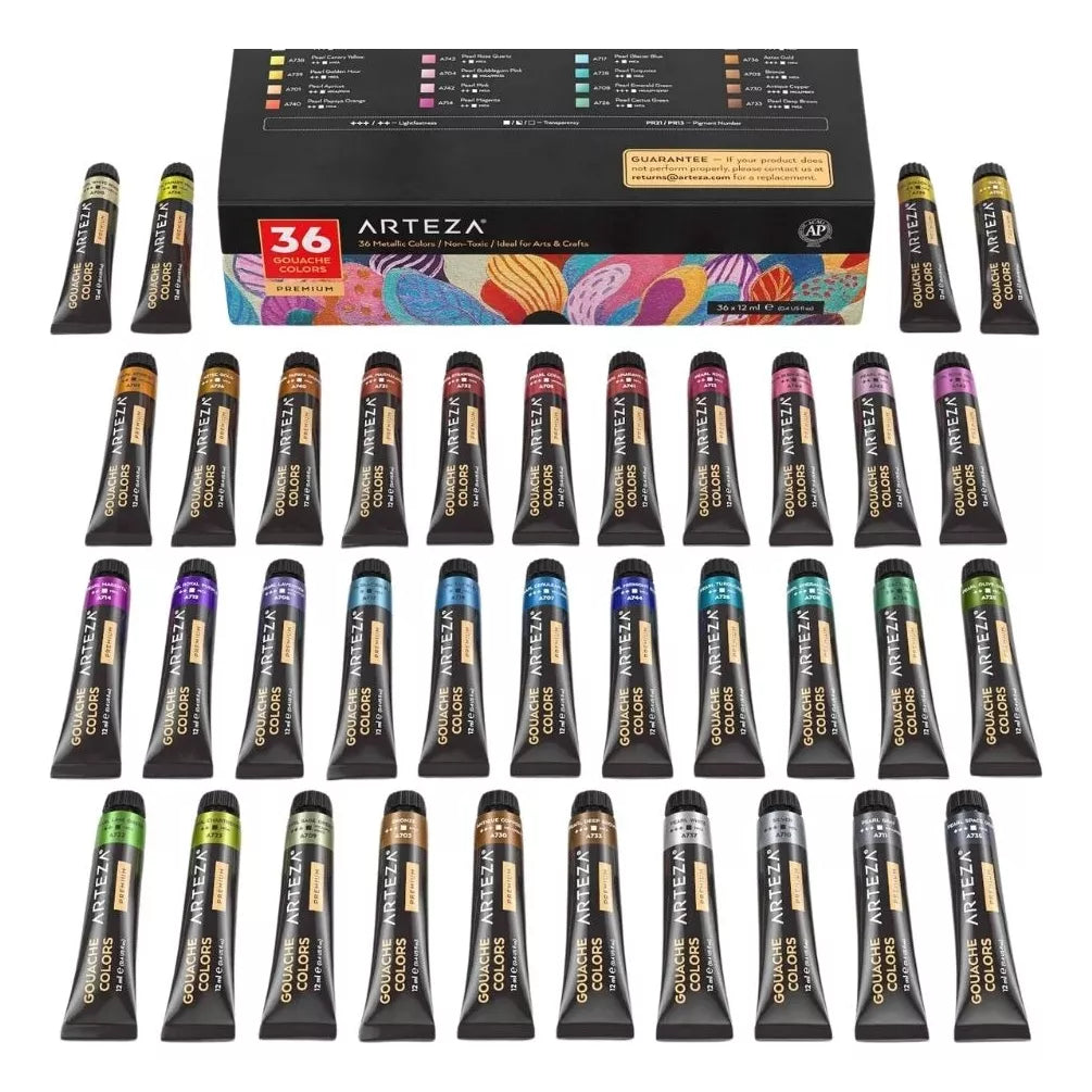 36 Tubos De Pintura Gouache Arteza 12 Ml Colores Surtidos