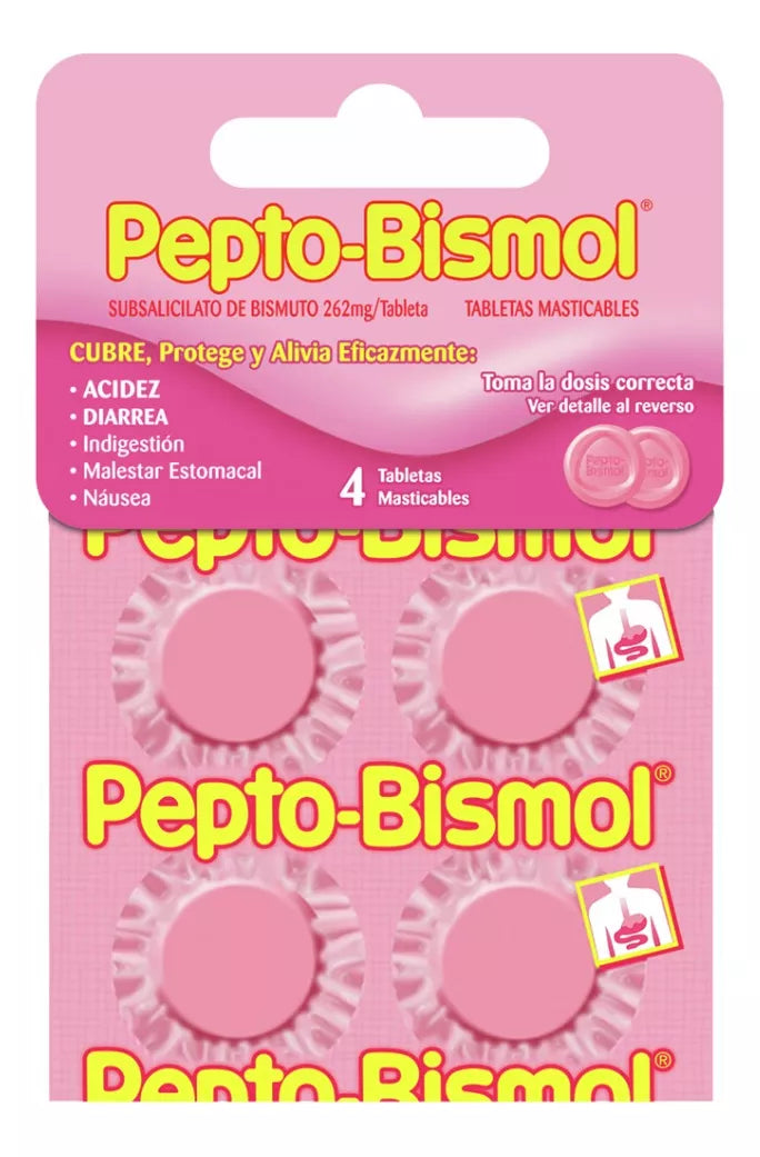 Pepto Bismol 4 Tabletas Masticables Cubre Protege Alivia