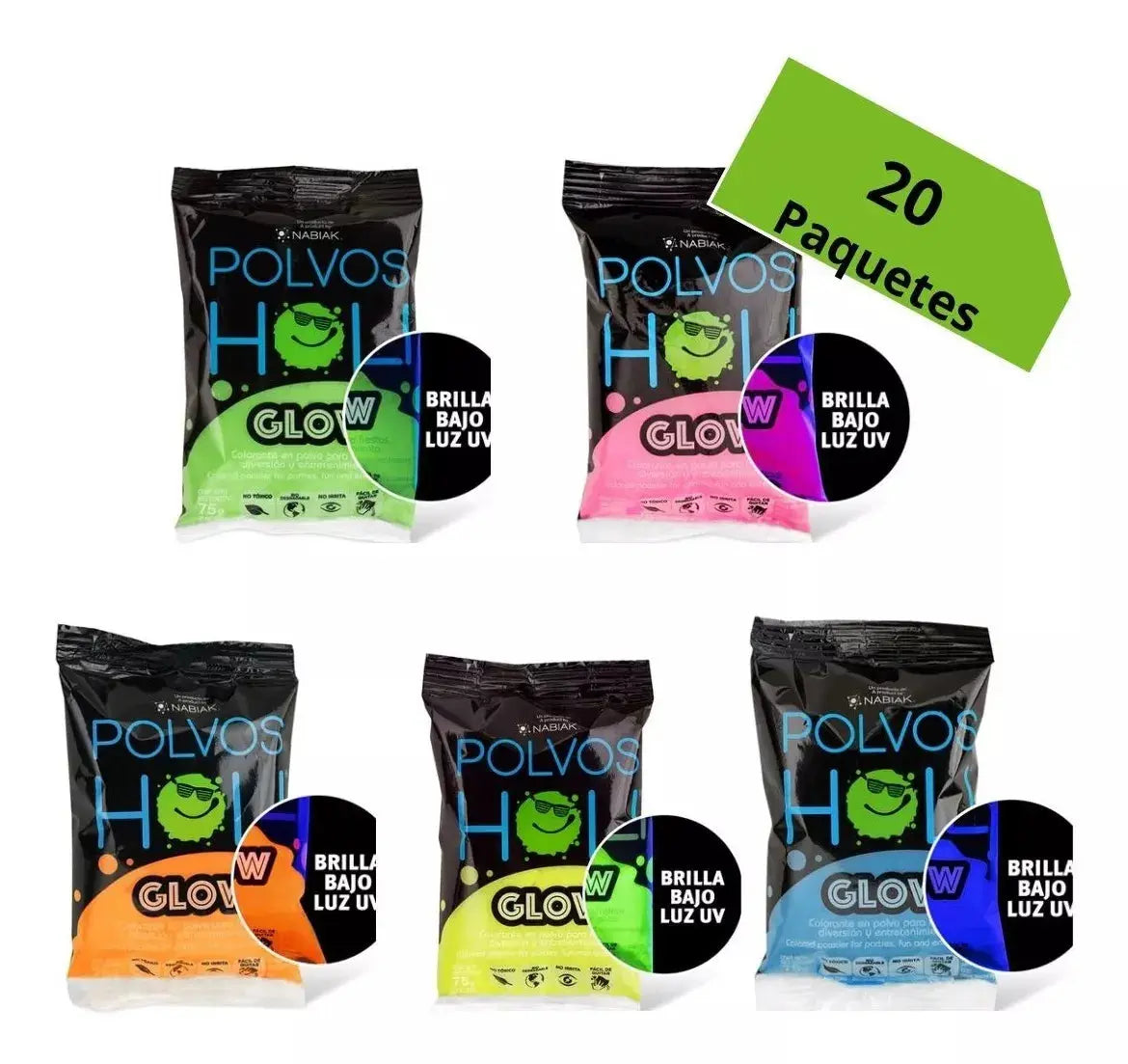Polvos Holi Glow Original Neón 75gr Paquete De 20 Fiestas - Marchante MX