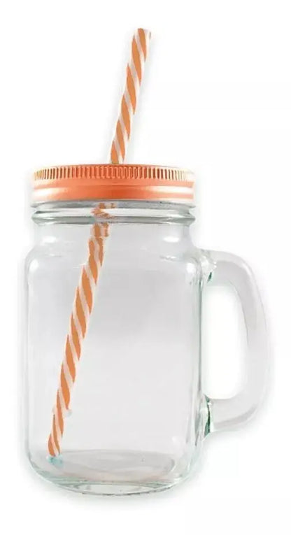 Tarros Mason Jar Liso Con Asa Tapa Y Popotes Mayoreo 12pack - Marchante MX