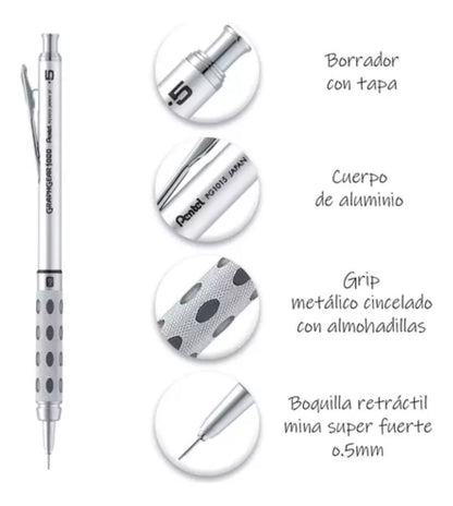 Lapicero Profesional Pentel Graphgear Plata Dibujo 0.5mm