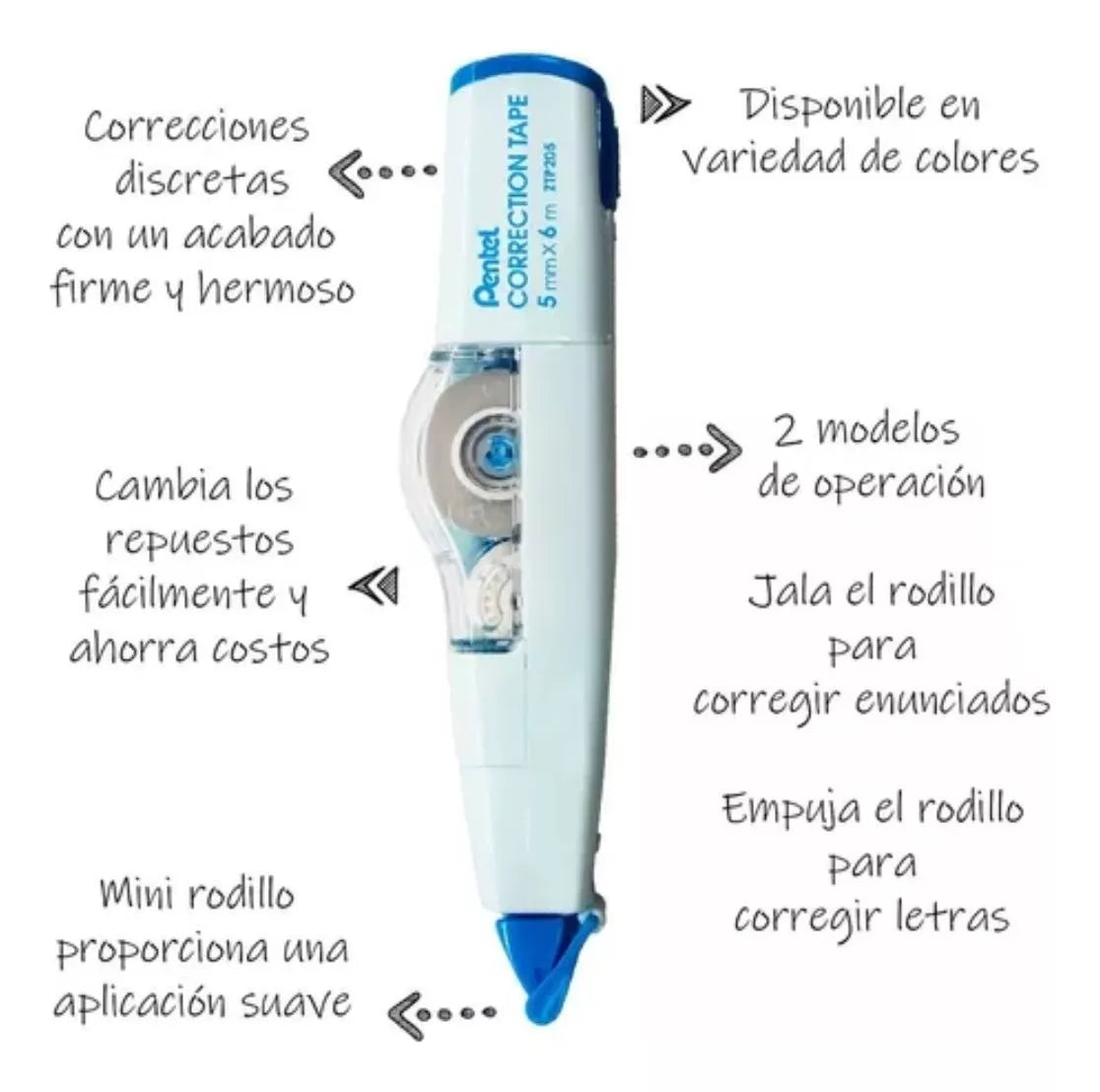 Corrector En Cinta Pentel Con 2 Funciones En 1 Recargable