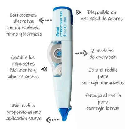 Corrector En Cinta Pentel Con 2 Funciones En 1 Recargable