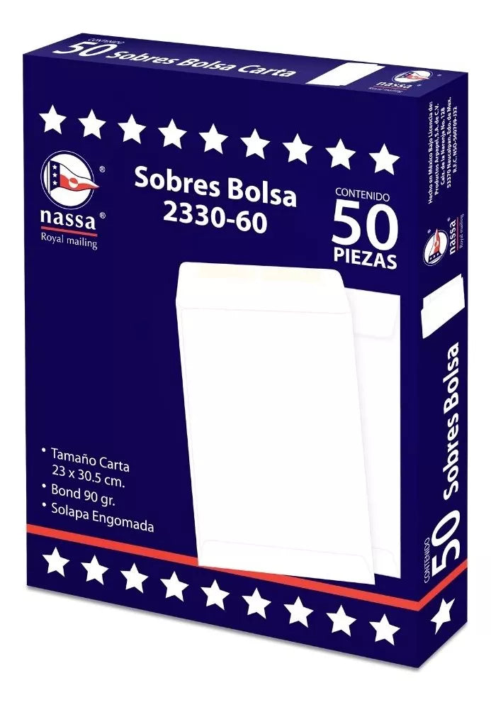 50 Sobres Bolsa Blanco Carta 23 X 30.5 Nassa Solapa Engomada