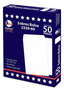 50 Sobres Bolsa Blanco Carta 23 X 30.5 Nassa Solapa Engomada