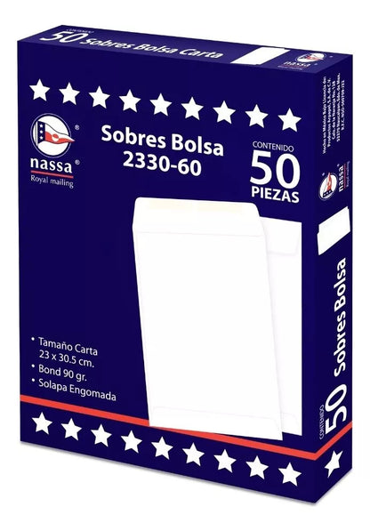 50 Sobres Bolsa Blanco Carta 23 X 30.5 Nassa Solapa Engomada
