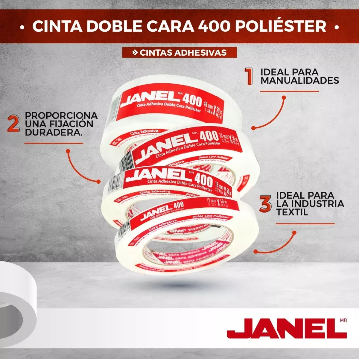 Rollo Cinta Doble Cara Janel 400 Poliester .48x50m Adhesiva