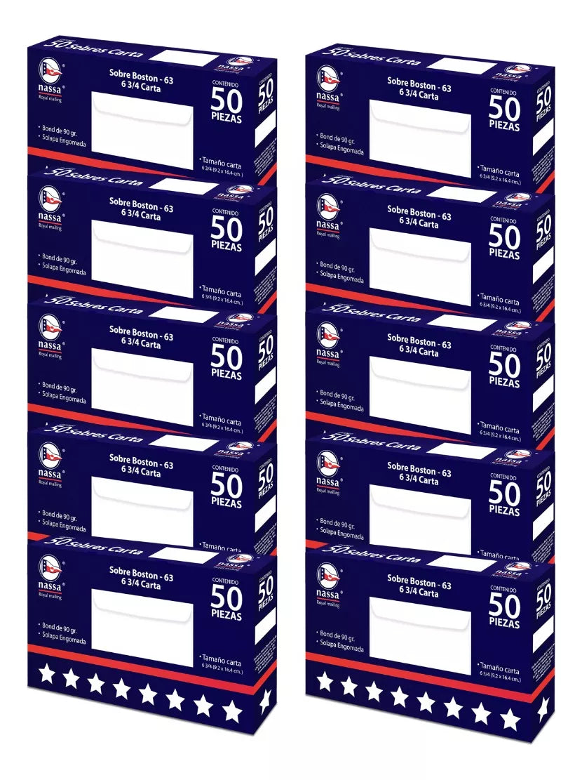 500 Sobres Correspondencia Nassa Blanco Carta 9.2 X 16.4cm